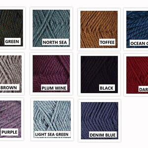 May include: A grid of eleven yarn color samples labeled Green, North Sea, Toffee, Ocean Color, Light Brown, Plum Wine, Black, Dark Red, Purple, Light Sea Green, and Denim Blue. Each square displays a textured, twisted fiber material.