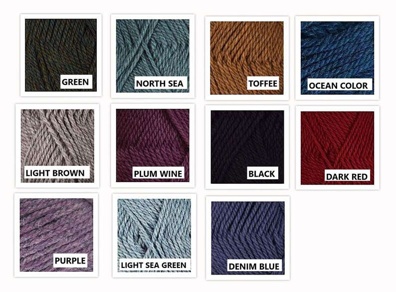 May include: A grid of eleven yarn color samples labeled Green, North Sea, Toffee, Ocean Color, Light Brown, Plum Wine, Black, Dark Red, Purple, Light Sea Green, and Denim Blue. Each square displays a textured, twisted fiber material.