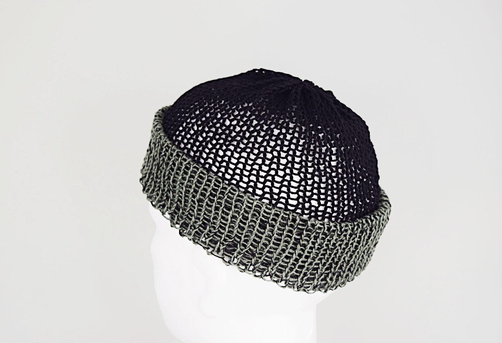 Men's Linen Fisherman Beanie, Lightweight Summer Docker Hat in Black Olive, Large Head Summer Beanie