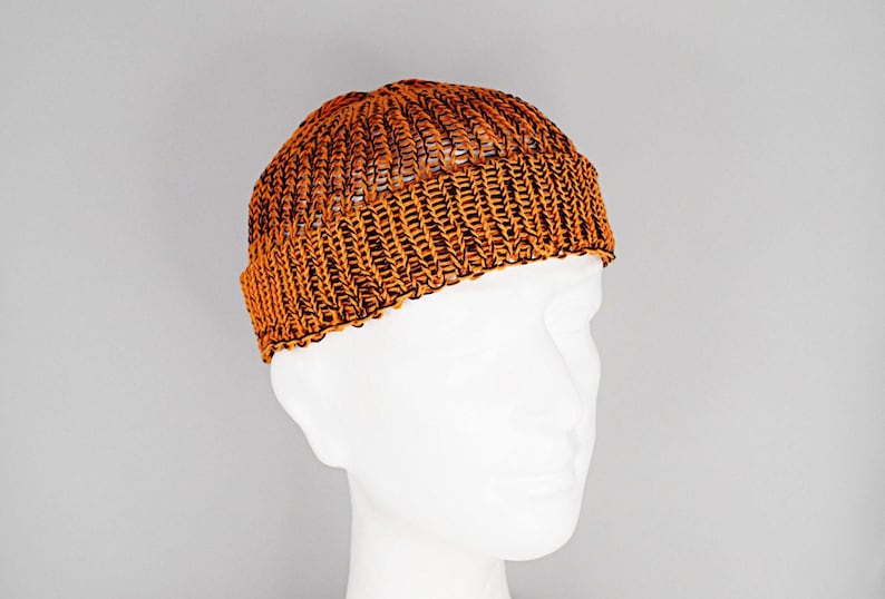 Mens summer Fisherman Docker beanie in orange and black, 100% cotton, lightweight and breathable knit, perfect for casual city style, beach walks, and warm weather