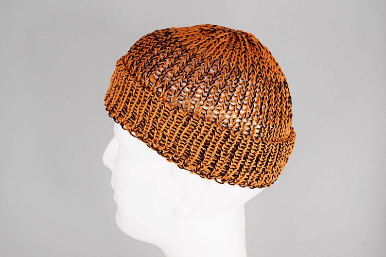 Mens summer Fisherman Docker beanie in orange and black, 100% cotton, lightweight and breathable knit, perfect for casual city style, beach walks, and warm weather