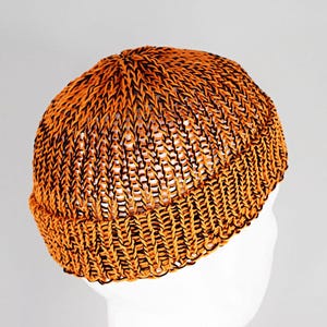 Mens summer Fisherman Docker beanie in orange and black, 100% cotton, lightweight and breathable knit, perfect for casual city style, beach walks, and warm weather