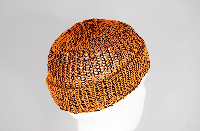 Mens summer Fisherman Docker beanie in orange and black, 100% cotton, lightweight and breathable knit, perfect for casual city style, beach walks, and warm weather