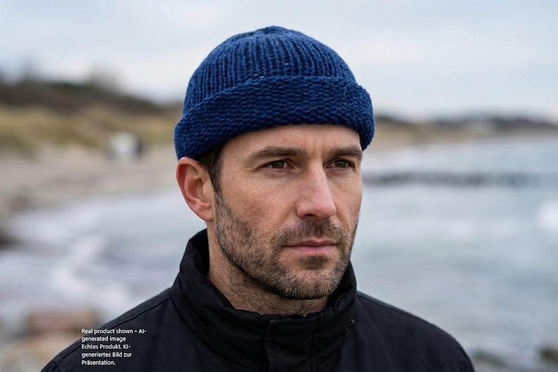 Handmade fisherman docker beanie made from 100% wool, stylish and warm, available in a variety of colors and sizes.Real product shown • AI-generated image
Echtes Produkt. KI-generiertes Bild zur Präsentation.