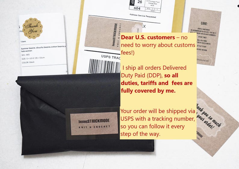 May include: A black package with a label from InnesSTRICKMODE, surrounded by shipping documents and thank you notes. A yellow sticky note states that duties and fees are covered for U.S. customers.