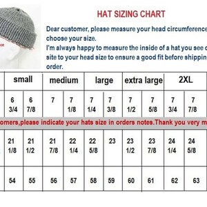May include: A grey knit beanie hat sizing chart featuring a diagram of a head with circumference measurement lines and a table listing sizes from small to 3XL with corresponding US hat sizes, US inches, and metric centimeters.