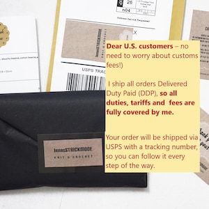 May include: A black package with a label from InnesSTRICKMODE, surrounded by shipping documents and thank you notes. A yellow note states that US customers do not need to worry about customs fees.