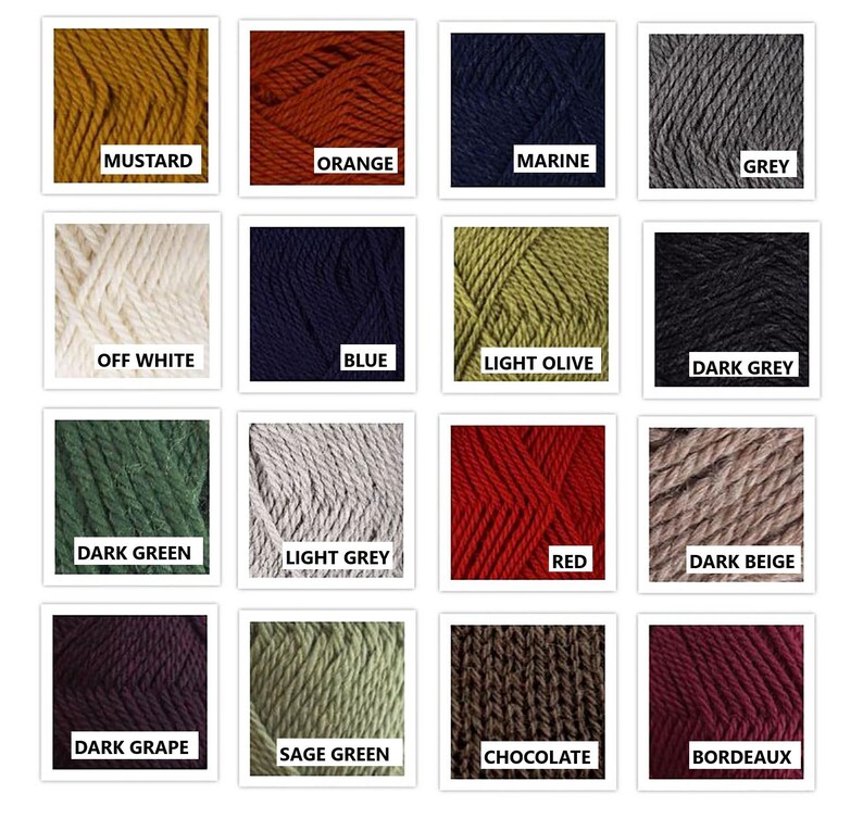 May include: A grid of sixteen square swatches displaying various yarn colors including mustard, orange, marine, grey, off white, blue, light olive, dark grey, dark green, light grey, red, dark beige, dark grape, sage green, chocolate, and bordeaux.