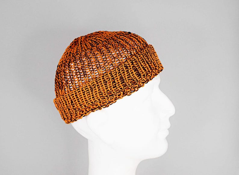 Mens summer Fisherman Docker beanie in orange and black, 100% cotton, lightweight and breathable knit, perfect for casual city style, beach walks, and warm weather