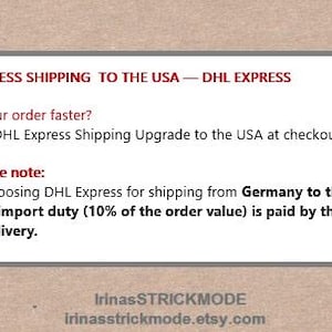 May include: A rectangular white informational sign with rounded corners featuring dark red and black text. The text includes details about express shipping to the USA, DHL Express, and import duty information. The brand name IrinasSTRICKMODE is visible.