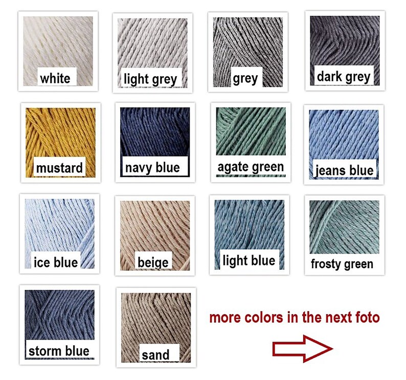 May include: A color chart displaying various yarn colors, including white, light grey, grey, dark grey, mustard, navy blue, agate green, jeans blue, ice blue, beige, light blue, frosty green, storm blue, and sand. Text reads "more colors in the next foto".