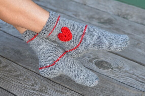 Heart Knit Socks Knitted Socks Love Socks Red Heart Socks Natural Wool Socks Bed Warm Socks Pure Wool Socks Slippers Valentines Day Socks