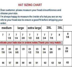 May include: Hat sizing chart with hat sizes, US inches, and metric cm measurements. Includes hat sizes from small to 4XL. The chart provides head circumference measurements in inches and centimeters.