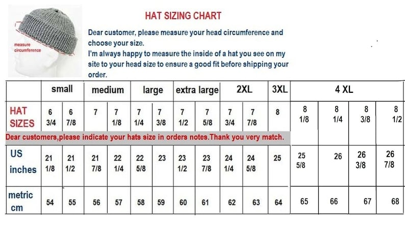 May include: Hat sizing chart with hat sizes, US inches, and metric cm measurements. Includes hat sizes from small to 4XL. The chart provides head circumference measurements in inches and centimeters.