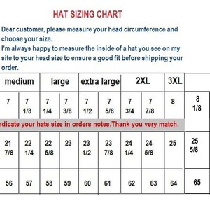 May include: A grey knit beanie hat sizing chart displaying hat sizes from small to 4XL. The chart includes US measurements in inches and metric measurements in cm, with text instructions to measure head circumference for a proper fit.