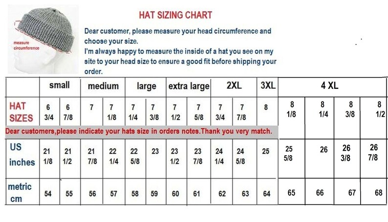 May include: A grey knit beanie hat sizing chart displaying hat sizes from small to 4XL. The chart includes US measurements in inches and metric measurements in cm, with text instructions to measure head circumference for a proper fit.