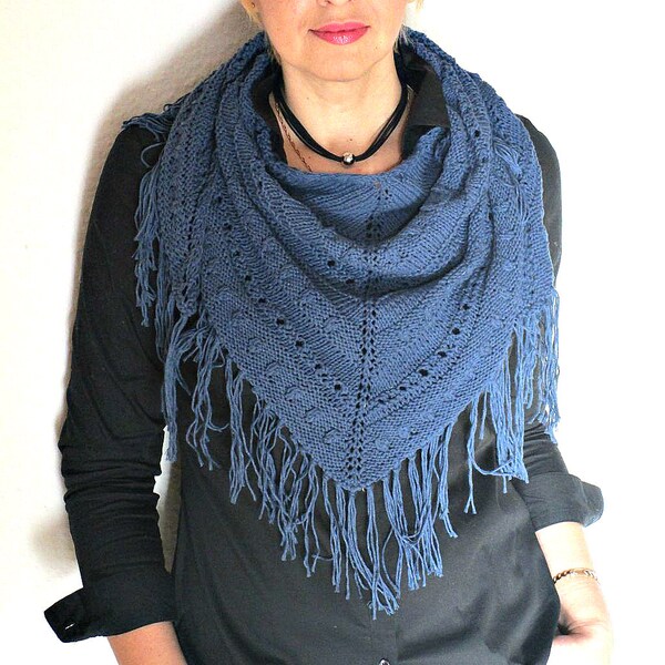 Knitted wrap Knitted blue shawl Knit wrap Knit blue scarf Triangle knit shawl Cotton blue shawl Triangle knit scarf Hand knit shawl cotton