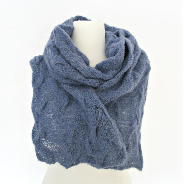 Knit wool scarf Knit women's scarf Blue wool scarf Knitted by hand Blue gray scarves Knit accessories Hand knit scarf Gift for best friend