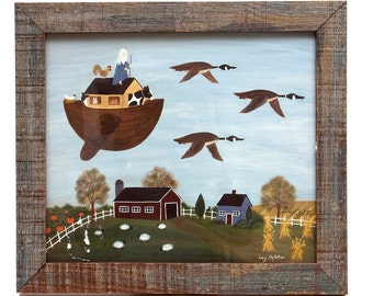 Whimsical Fall Canada Geese Scene - Framed & Signed Folk Art by Canadian Artist Lucy Ogletree in Grandma Moses Style