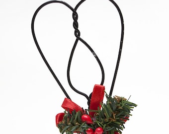 Mini Wire Rug Beater Ornament / Magnet -- Features Faux Greenery Sprig w Berries & Red Ribbon - Miniature Decoration