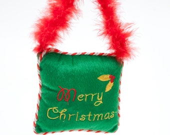 Jolly "Merry Christmas" Decor / Decoration / Ornament for Tree or Doorknob - Red, Green and Yellow - Furry Hanger - Braided Edge - 1990s