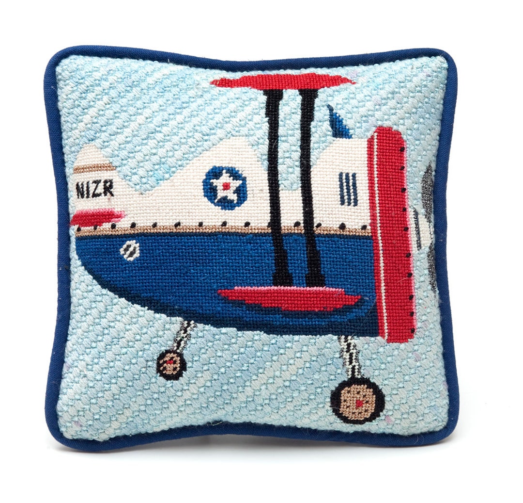 Biplane Needlepoint Pillow Red and White and Blue Colors Circa 1980s