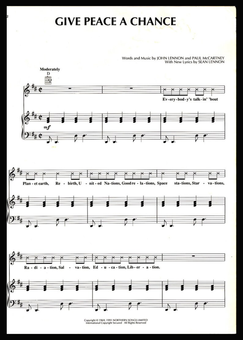 Give Peace a Chance 1991 Sheet Music by John Lennon & Etsy