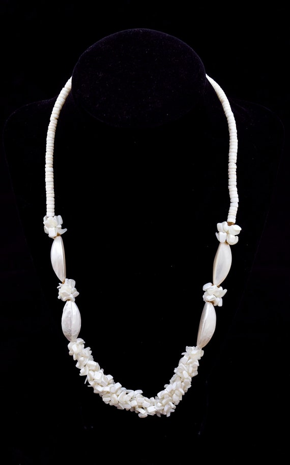 Pearly White Island Necklace Puka Shells Blended W Iridescent