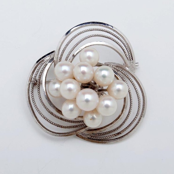 Mid-Century Japanese Fine Pearl and Sterling Brooch / Pin -- Cluster of 11 Pearls - Tokyo, Japan Purchase by Seller in 1960s