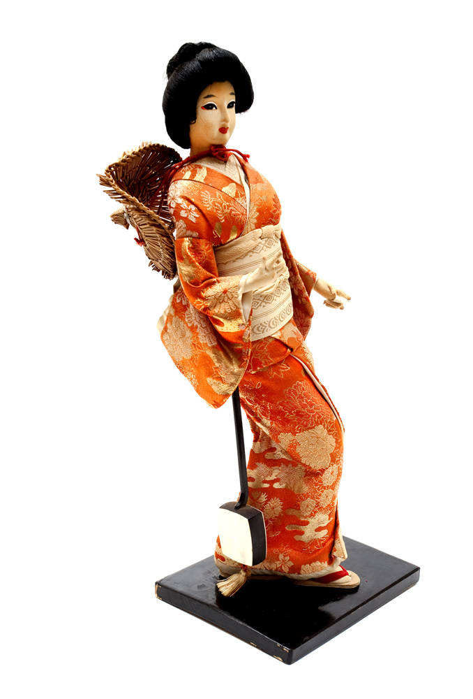 Antique Geisha Nishi Doll W/ Samisen Japanese Instrument - Silk