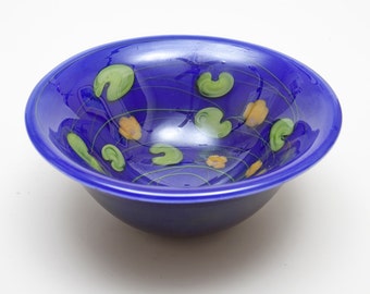 Lundberg Studios Unique Art Glass Bowl - Cobalt Blue, Green & Peach Details - Vintage 1980s from California Coastside