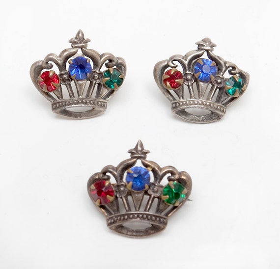 Sterling Set w Red, Blue and Green Stones - 1940s… - image 1
