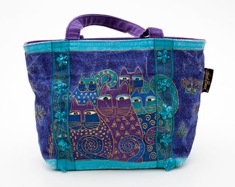 Classic Laurel Burch Scoop Tote w Zipper Top - Indigo, Blue & Turquoise Details - Cats and Stitchery Add Pizzazz to This Fashion Accessory