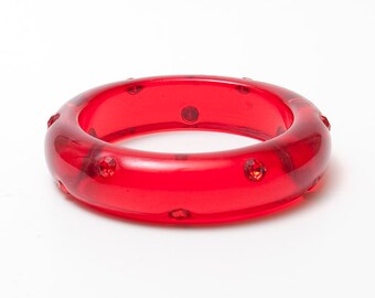 Vintage Ruby Red Lucite Bangle/ Bracelet - Circular Raised 80s Design 3-3/8" Round w Inner Width 2-1/2"- Color Splash for Year-Round Outfits