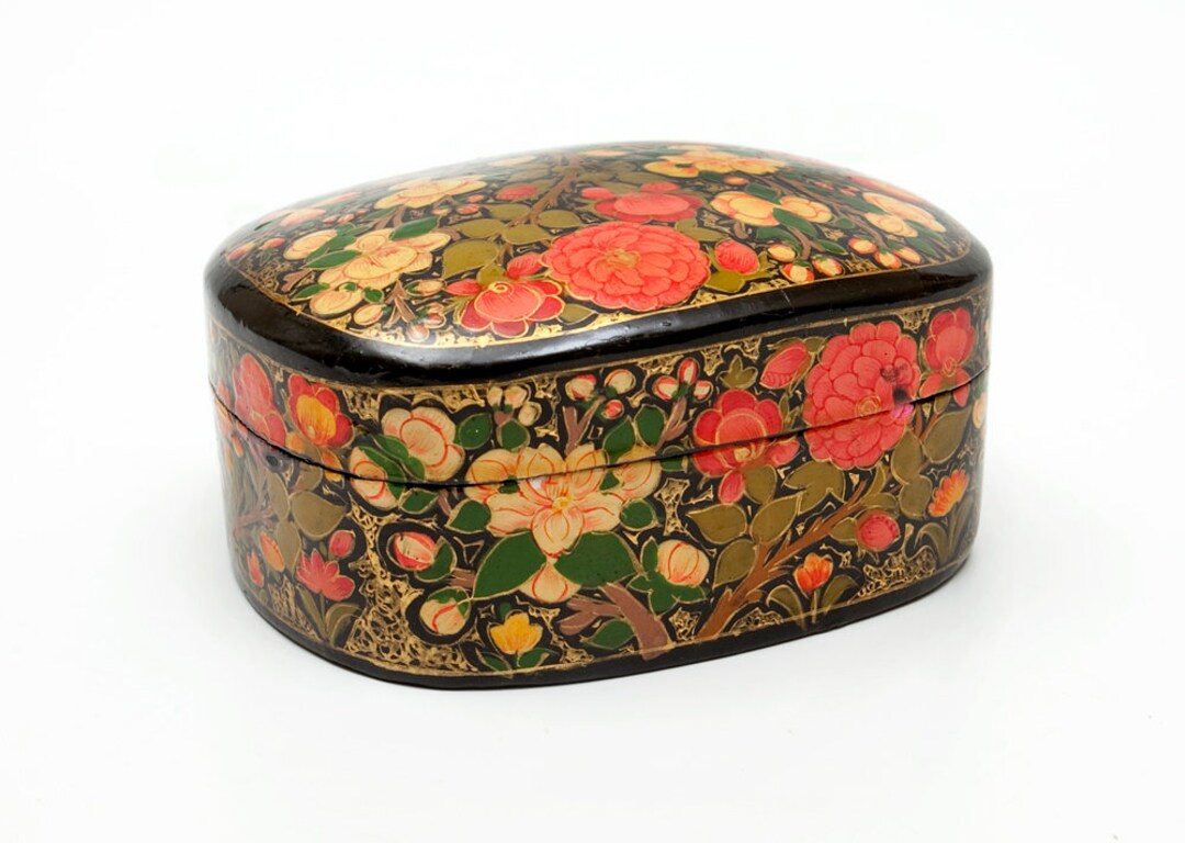 Floral Papier Mache Lacquer Box From India Red, Green, Gold and Brown Ideal for Jewelry and