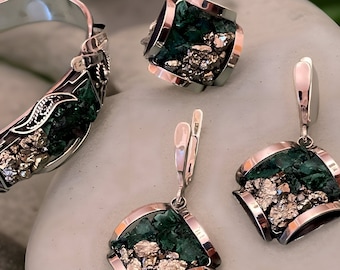 Stunning Green Malachite Sterling Silver Jewelry Set - Bracelet Earrings and Ring - Natural Gemstone Collection