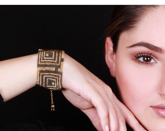 Handgemaakte gouden geometrische kralen manchetarmband - verstelbare brede zaadkralen statement sieraden