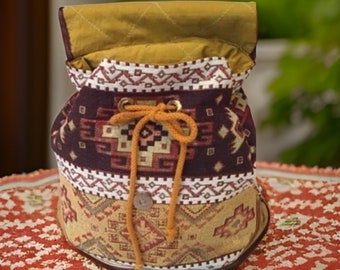 Armenian Bohemian Backpack: Ethnic Tribal Purse with Armenian Motif - Rich Brown, and Beige Carpet Bag - Unique Gift -Armenian Culture