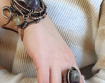 Lace Agate Fantasy Bracelet & Ring Set - Copper Wire-Wrapped - Large Statement - Multiple Color Options - Formal or Non-Formal Occasions