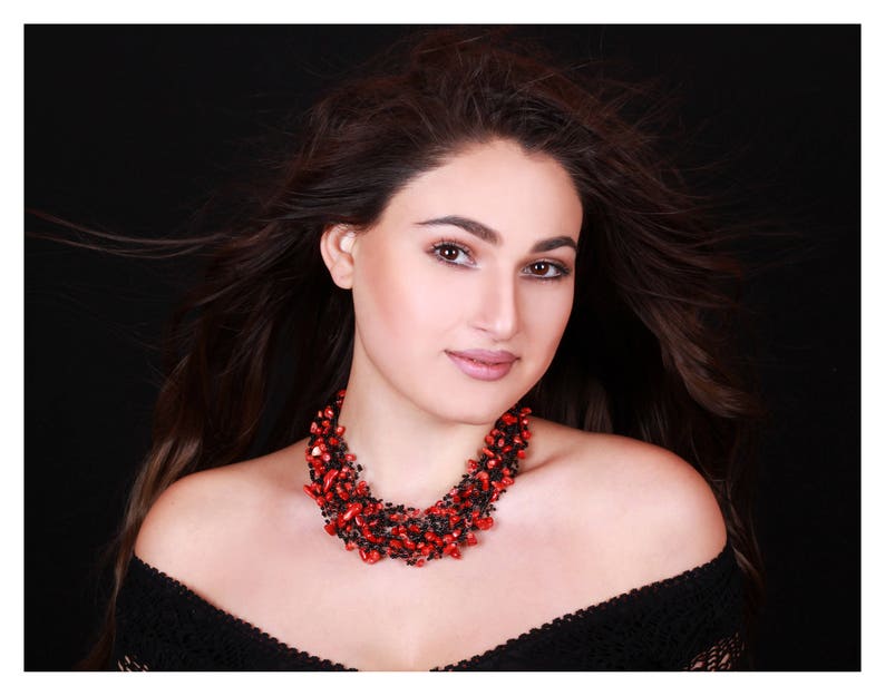 Statement Necklace Handmade Necklace Black and Red Beaded Necklace Art Nouveau Jewelry Beaded Jewelry Gift For Her