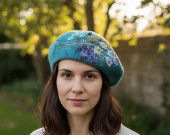 Boina de lana bordada color verde azulado, sombrero de fieltro hecho a mano con diseño floral, boina artística de invierno acogedora para mujer.