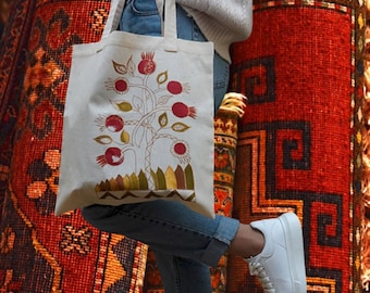 Handpainted Tote Bag - Flowers, Pomegranate, Spring Wreath - Farmers Market - Grocery Bag - Armenian Gift - Eco-friendly Canvas Shopping Bag