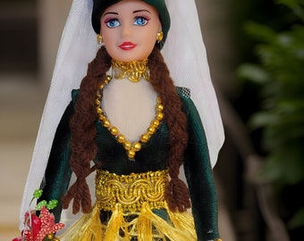 Armenian Barbie Doll: Authentic Hunter Green Taraz Design with Intricate Golden Tassels, Veil - Traditional Cultural Figurine for Collectors