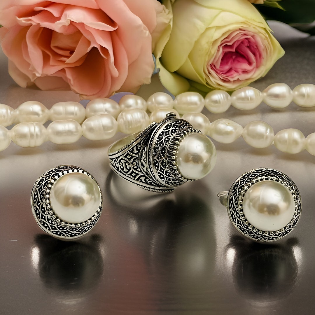 Sterling Silver Filigree Pearl Bridal Jewelry Set - Ring and Earrings ...