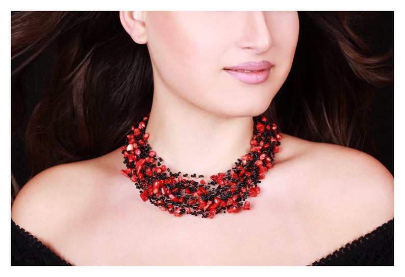Statement Necklace Handmade Necklace Black and Red Beaded Necklace Art Nouveau Jewelry Beaded Jewelry Gift For Her