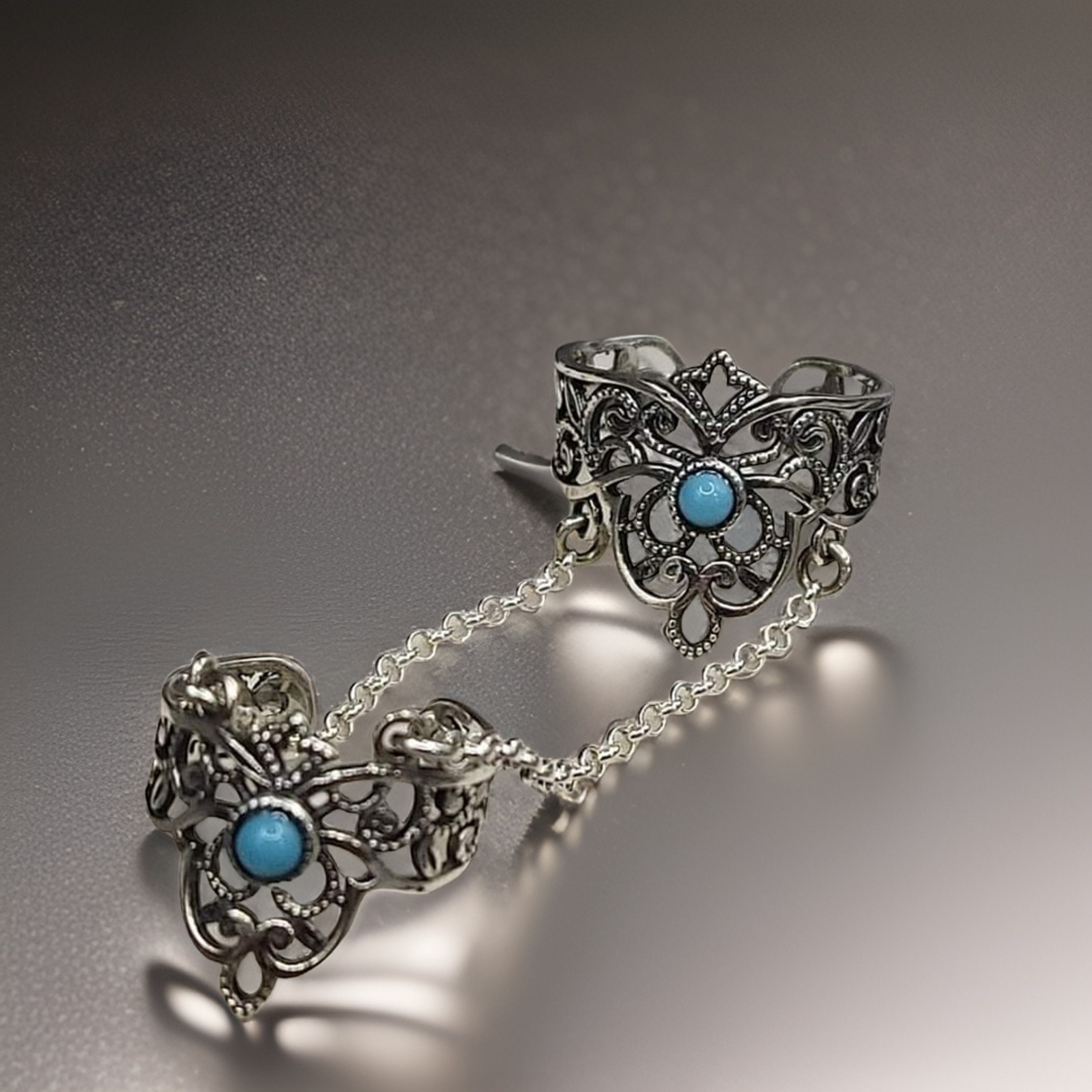 Sky Blue Adjustable Double Finger Chain Ring - Sterling Silver Open ...