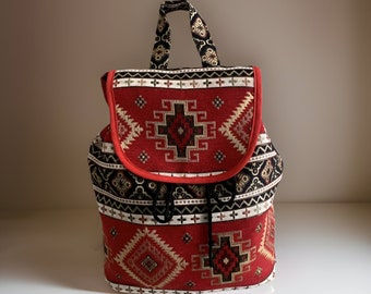 Armenian Bohemian Backpack: Ethnic Rug Tribal Purse Armenian Motif - Stylish Dark Burgundy Rich Red Carpet Bag - Authentic Armenian Gift