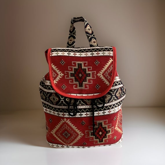 Red and Black Ethnic Pattern Backpack with Drawstring Closure Red Kilim Backpack: Ethnic Woven Hiking Rucksack - Etsy main image 4