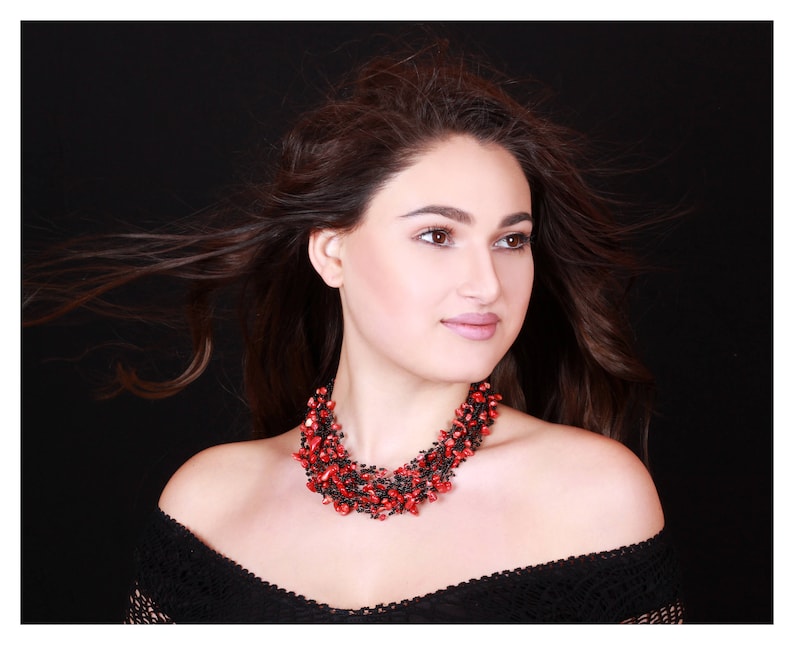 Statement Necklace Handmade Necklace Black and Red Beaded Necklace Art Nouveau Jewelry Beaded Jewelry Gift For Her