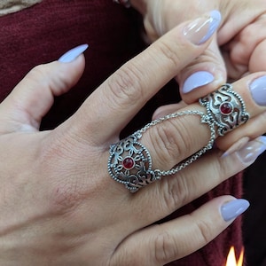 Flower Filigree Adjustable Double Finger Chain Ring - Sterling Silver  Open Finger Ring for Women - Cocktail Party - Armenian Silver